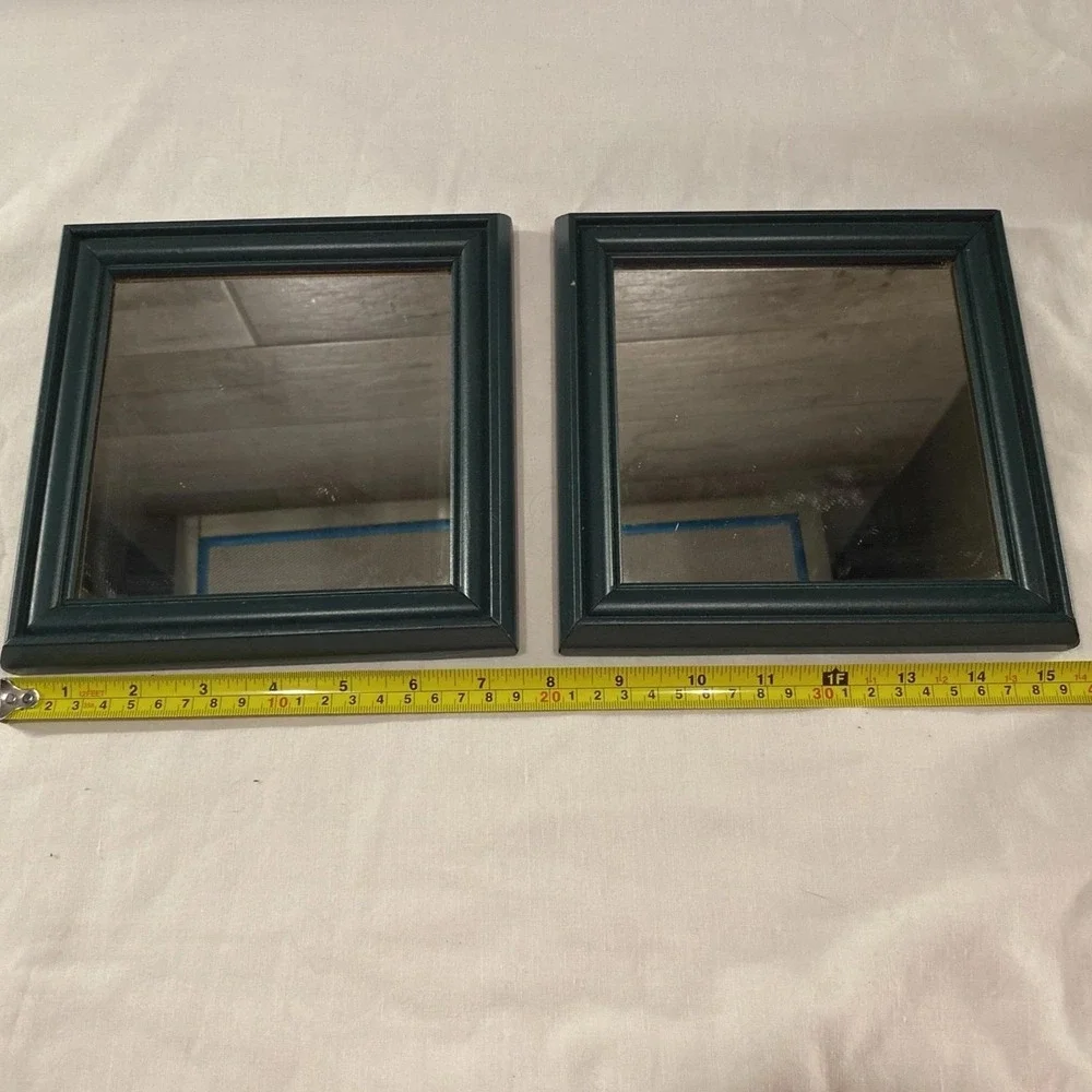 Set Of 2 Vintage Dark Green Wooden Framed Mirrors 7.5 X 7.5 Inches